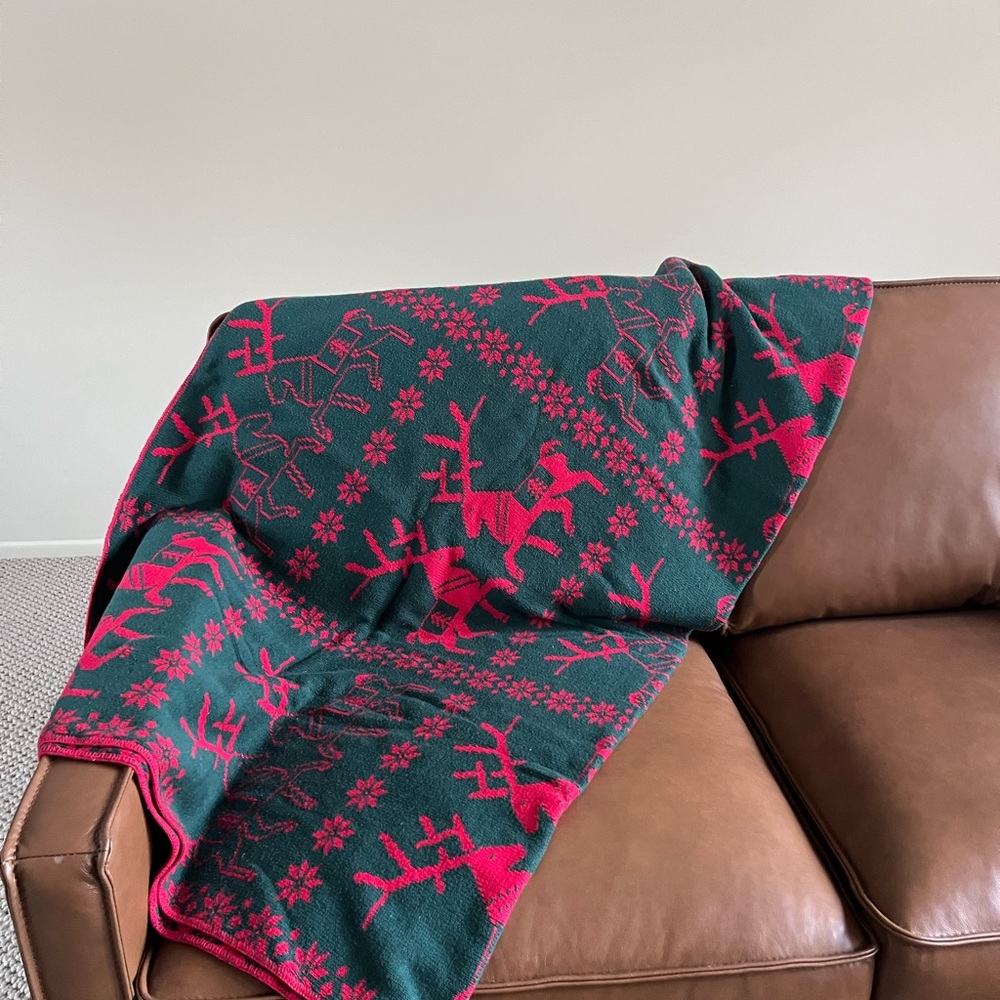 Festive Reversible Reindeer Holiday Throw - Green and Red